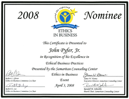2008 nominee for ethics in business certificate
